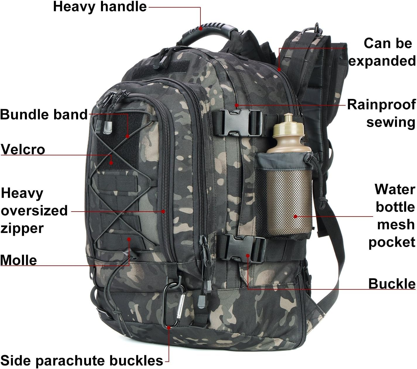 Expandable 40-64L Military Tactical Backpack 3 Day Bag Hiking Gym Sport Camping