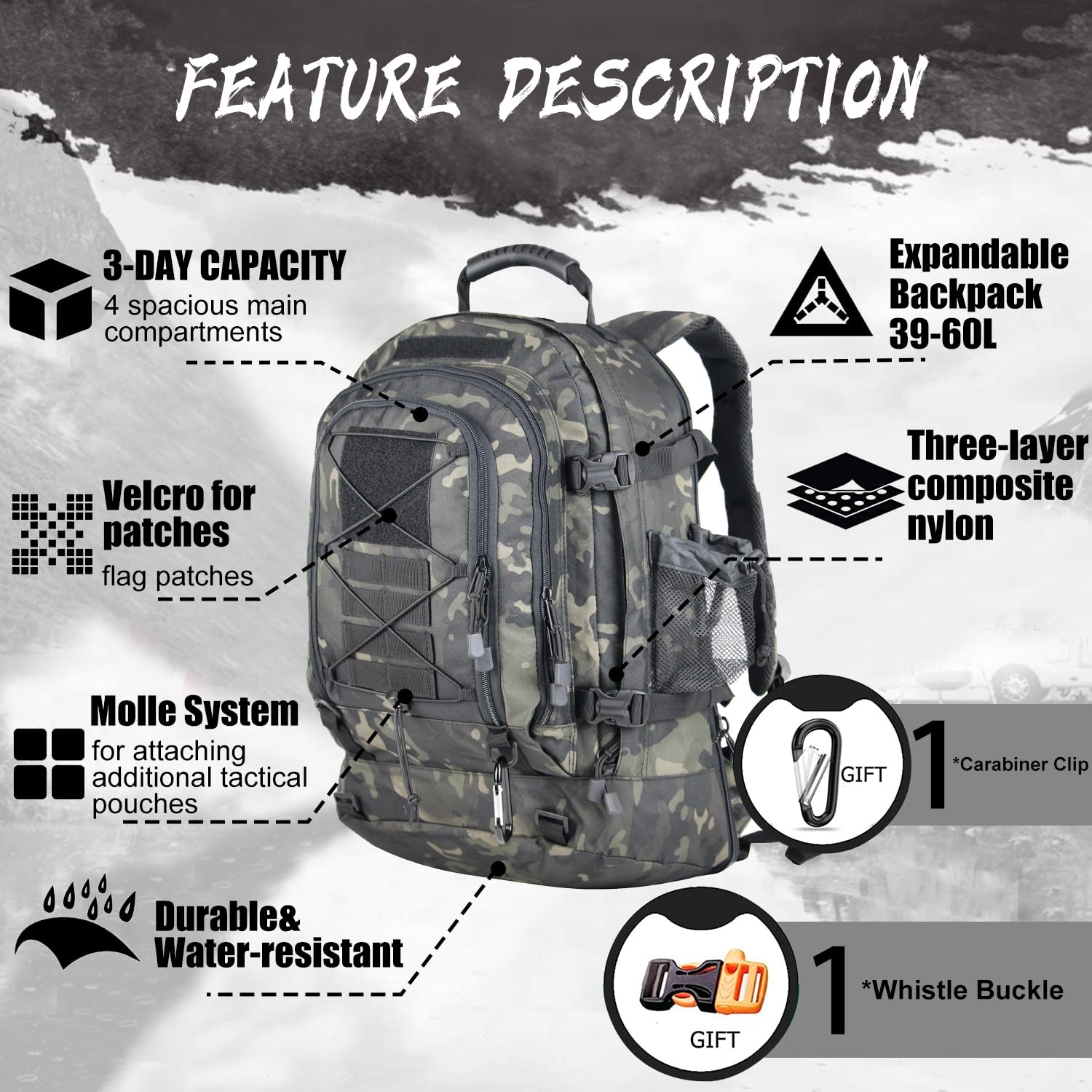 Expandable 40-64L Military Tactical Backpack 3 Day Bag Hiking Gym Sport Camping