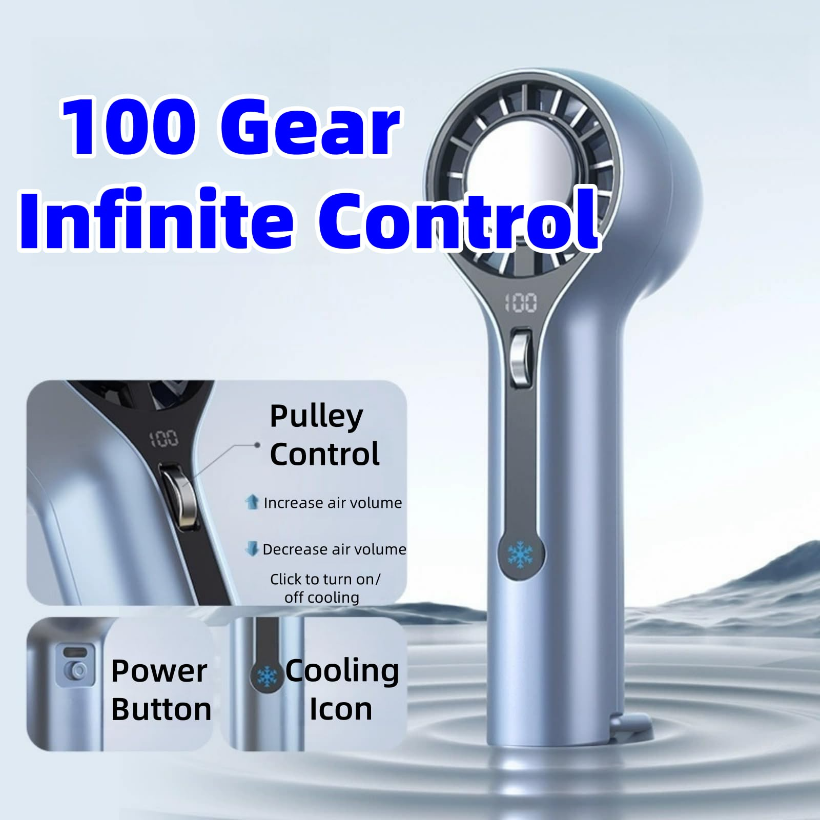 Handheld Fan with Ice Cooling, 3000mAh Rechargeable Personal Turbo Fan with Digital Display, 0-100 Adjustable Speed  Mini Portable for Travel, Outdoor, Camping, Office, Working