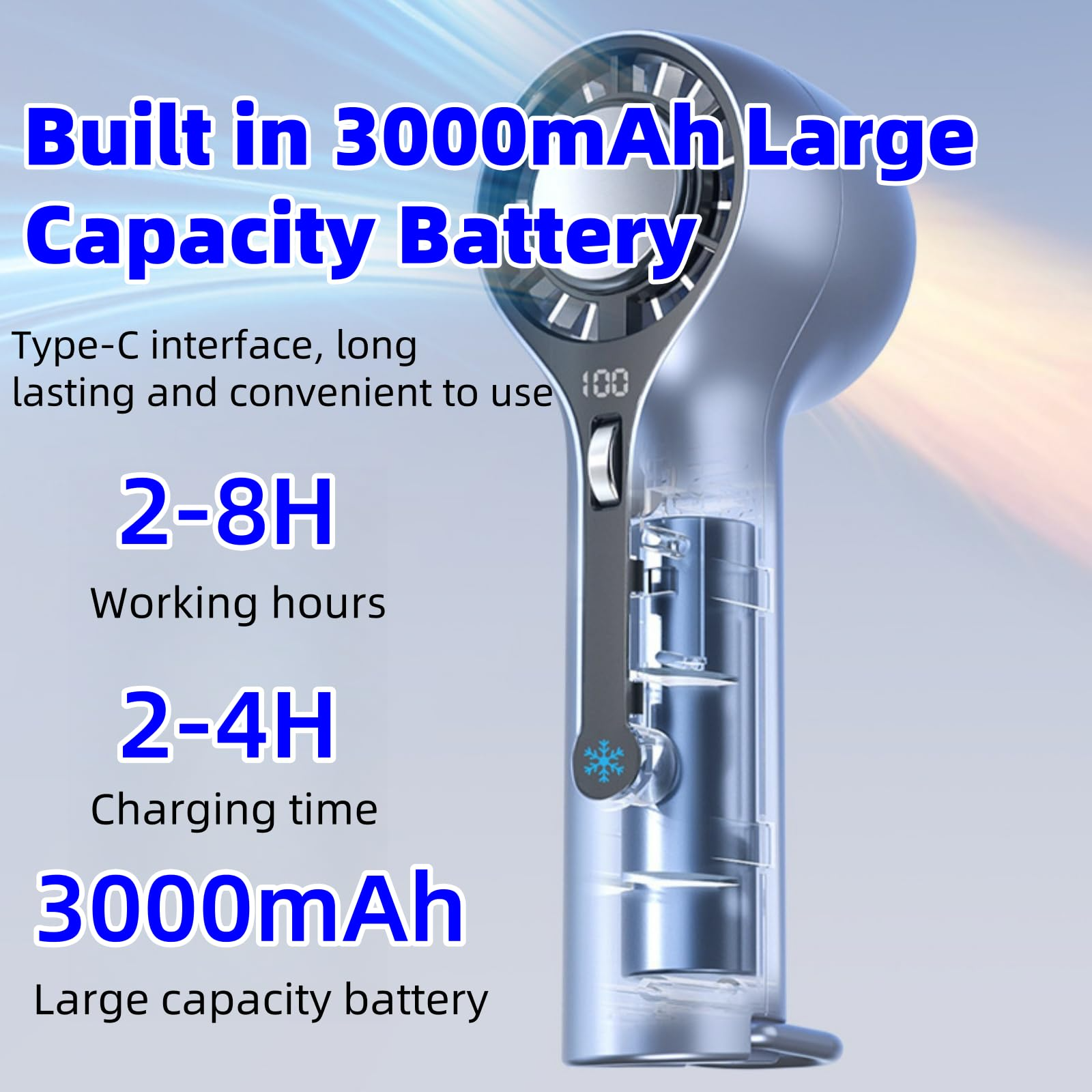 Handheld Fan with Ice Cooling, 3000mAh Rechargeable Personal Turbo Fan with Digital Display, 0-100 Adjustable Speed  Mini Portable for Travel, Outdoor, Camping, Office, Working