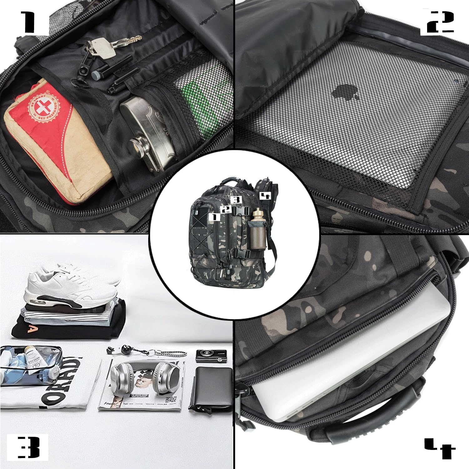 Expandable 40-64L Military Tactical Backpack 3 Day Bag Hiking Gym Sport Camping